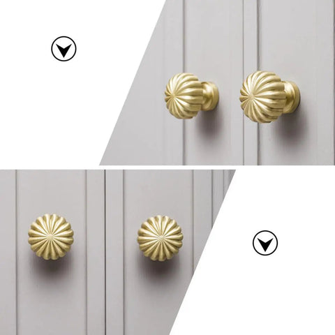 Solid Brass Drawer Knob And Cabinet Pull Handle 30mm Gold Finish For Kitchen Cabinets Dressers And Home Furniture Hardware With Vintage Decorative Cabinet Knobs And Dresser Pulls displayed on grey cabinets.