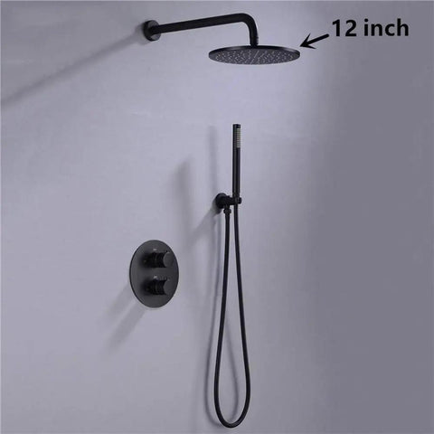 UMJIGF Black Thermostatic Shower System with Cold and Hot Water Wall Mounted Brass Shower Faucet with 12 inch round shower head.