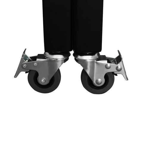 Close-up of four lockable rolling casters on Heavy Duty Double Folding Security Gate Built Like A Tank For Garage And Warehouse