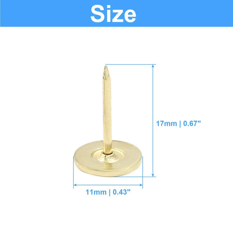 Top Shelf Gold Flat Head Thumb Tacks 100 Pack Kickin Push Pins For Bulletin Boards And Office Setup Solid Small Metal Pin Nails Measuring Eleven By Seventeen Millimeters, size display of 11 mm by 17 mm.