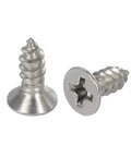 Built Tough Size Six By Three Eighth Inch Flat Head Phillips Wood Screws Premium Rust Proof Stainless Steel 304 showing two screws.