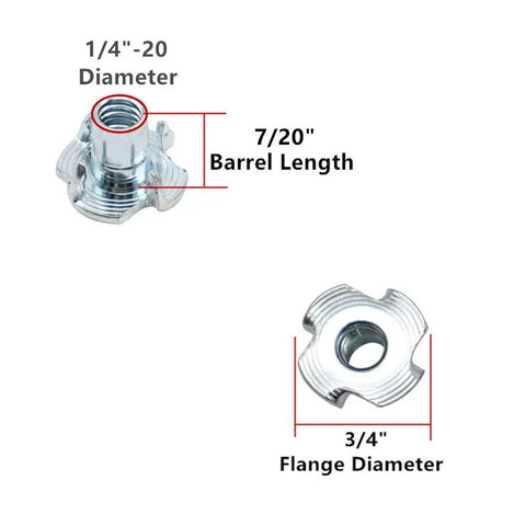 Fifty Piece 1/4 Inch 20 Thread Tee T Nuts With Killer Four Pronged Grip Zinc Plated Steel Build 7/16 Inch Barrel Length Top Shelf For Cabinetry Climbing Holds And Rugged Woodworking Projects Pro Gear showing dimensions and features.