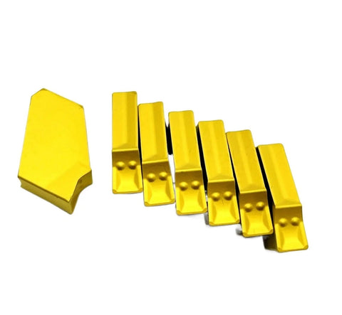Get This Heavy Duty Indexable Carbide Lathe Tool For Steel And Stainless Cutting Tasks With Sharp Grooving Blade shown in yellow color.