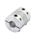 Front view of silver aluminum shaft coupling with 8mm bore and side screw holes