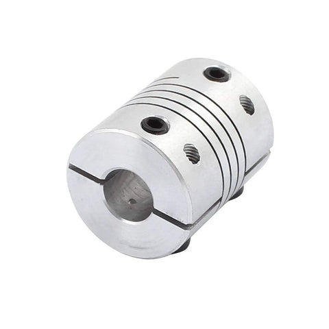 Front view of silver aluminum shaft coupling with 8mm bore and side screw holes