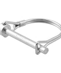 Close-up of a tubular folding hitch pin with spring lock, part of the Five Pack Locking Pins Set, galvanized for trailers and farm gear.