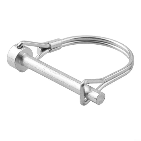Close-up of a tubular folding hitch pin with spring lock, part of the Five Pack Locking Pins Set, galvanized for trailers and farm gear.