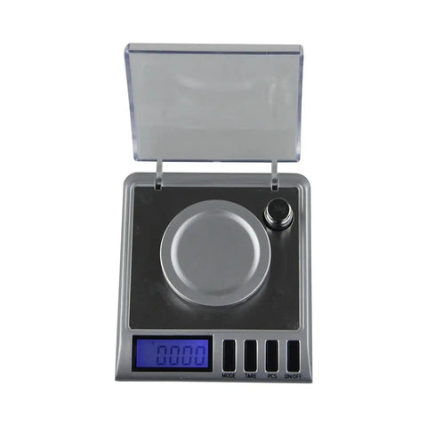 Straight Up Dead Accuracy 0.001g Digital Pocket Scale with clear cover and blue LCD display for precise measurements.