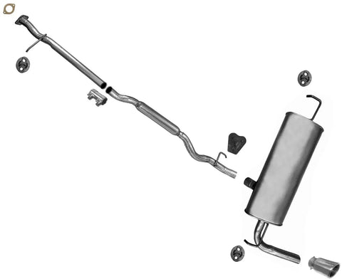 Durable Exhaust System Replacement Kit For 2014 Through 2020 Nissan Rogue Includes Muffler Catalytic Converter And Pipe Assembly Direct Fit Bolt On Design Easy Install High Quality Flow Upgrade For Better Performance displayed in separated parts.