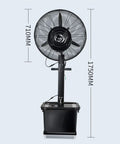 Industrial Mist Spray Fan With Adjustable Height And Three Speed Settings Knocking Out Summer Swelter For Bars And Backyards Heavy Duty Commercial Air Circulator Cooler That Delivers Ice Cold Air, front view with measurements.