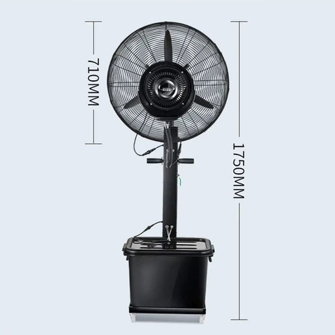Industrial Mist Spray Fan With Adjustable Height And Three Speed Settings Knocking Out Summer Swelter For Bars And Backyards Heavy Duty Commercial Air Circulator Cooler That Delivers Ice Cold Air, front view with measurements.