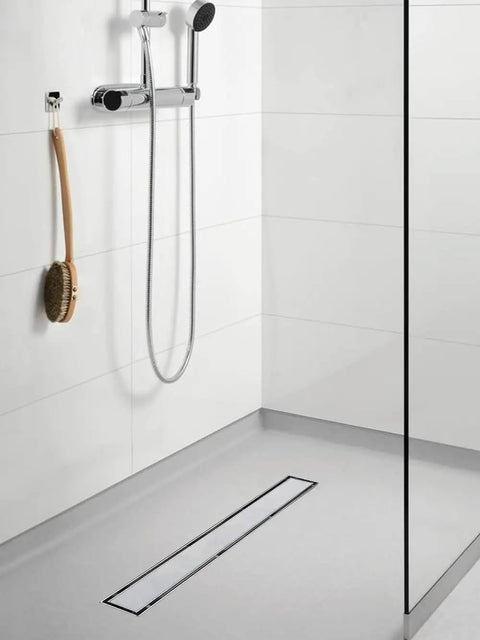 28 Inch Linear Shower Drain With Tile Insert 2 In 1 Panel Brushed Stainless Steel Floor Drain For Bathroom in modern shower