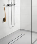 Modern bathroom with 32 Inch Brushed 304 Stainless Steel Linear Shower Drain With Tile Insert 2 In 1 Panel Hair Strainer