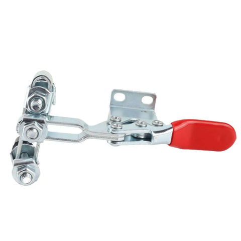 Beefy Heavy Duty Horizontal Toggle Clamp With Dual Head And Quick Release Iron Construction Delivers 500lb Holding Power, side view