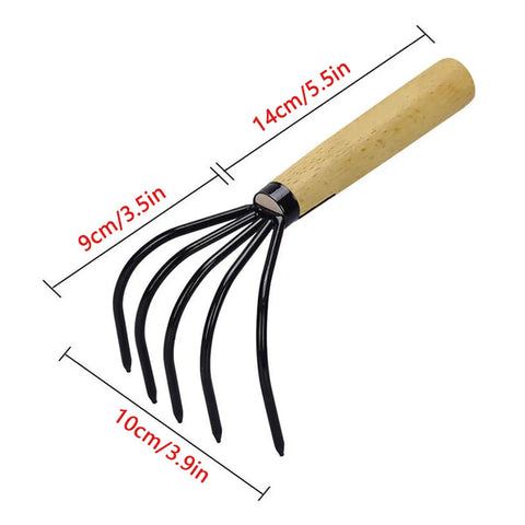 Japanese Ninja Claw Rake And Cultivator 5 Prong Garden Tool With Wood Handle, Tough Japanese Steel, dimensions shown