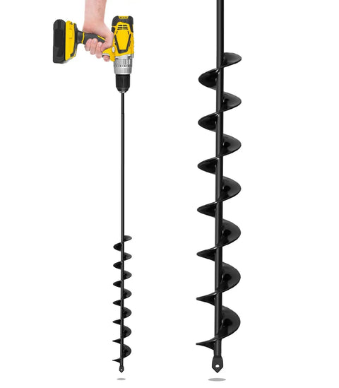 32 Inch Long Garden Auger Drill Bit For Planting Bulbs And Post Holes, Heavy Duty Three Eighths Inch Hex Drive, shown with drill