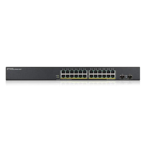 Front view of 24 Port PoE Switch With 170W Budget And 2 GbE SFP Uplinks Smart Managed Gigabit Network Switch 24x GbE PoE Plus
