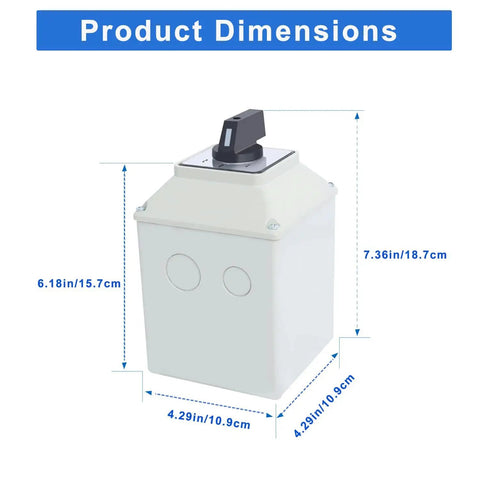 63 Amp Rotary Changeover Cam Switch With Exterior Master Box Built Tough For Industrial Use 3 Position 3 Phase 660 Volt Universal Wiring Selector Safe And Reliable For Electrical Panels, showing dimensions.