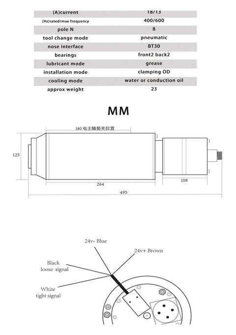 Diagram showing specifications and dimensions of the Tough As Nails 7.5KW Water Cooled CNC Spindle Motor with BT30 Taper.