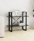 Two Tier Book Cabinet Gray 31.5 Inch Engineered Wood with decor in home office setting