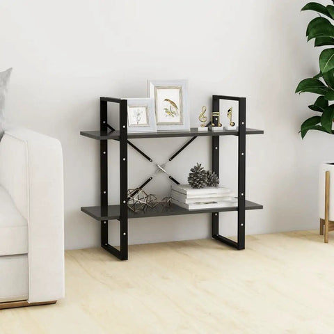 Two Tier Book Cabinet Gray 31.5 Inch Engineered Wood with decor in home office setting