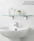 Glass Shelf Clips for Cabinets and Displays, Durable Aluminum Alloy Mounting Hardware for Glass Panels above white sink