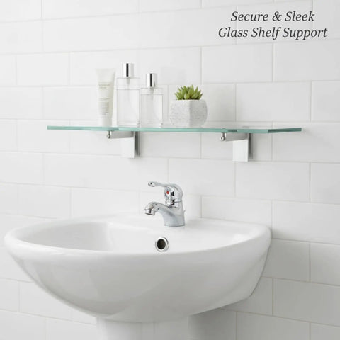 Glass Shelf Clips for Cabinets and Displays, Durable Aluminum Alloy Mounting Hardware for Glass Panels above white sink