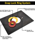 Dead On Accurate Nine By Twelve Inch Router Table Insert Plate showing snap lock ring system with red, yellow, and black rings for different cutters.