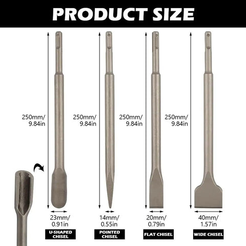 Masonry Chisel Set For SDS Plus Rotary Hammer, 4 Piece Tile Removal Bits Kit with U-shape, Pointed, Flat, and Wide Chisels