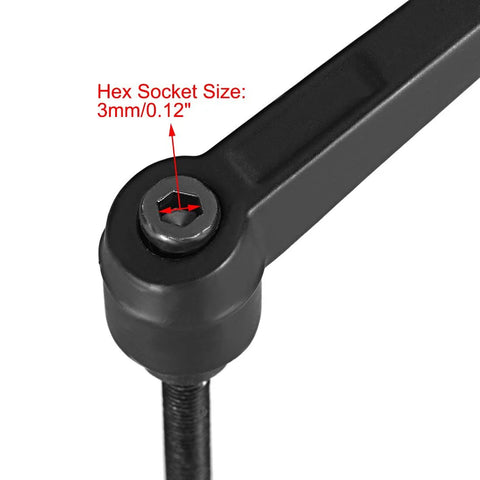 Close-up of Adjustable Clamping Lever Handle M5 X 25mm Black Oxide Carbon Steel Male Threaded Stud showing 3mm hex socket size.