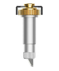 Front view of knife blade and drive housing for Maker 3; silver aluminum body with knurled grip and gold gear