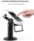 Hand using adjustable POS card reader stand with clip on base pro grade non slip mount for cashier desks 360 degree rotation angled holder.