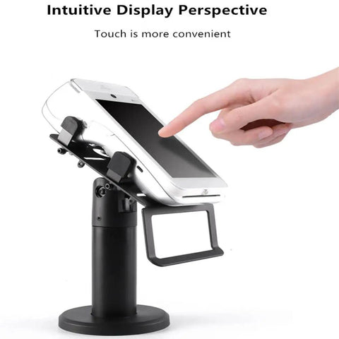 Hand using adjustable POS card reader stand with clip on base pro grade non slip mount for cashier desks 360 degree rotation angled holder.