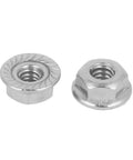 Top Notch Serrated Flange Hex Lock Nuts 50 Pack Crafted From Durably Strong 304 Stainless Steel Full Thread Non Slip Fasteners With A Slick Bright Silver Finish For Every Rig And Project, showing two nuts.
