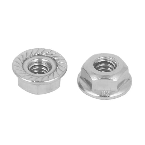 Top Notch Serrated Flange Hex Lock Nuts 50 Pack Crafted From Durably Strong 304 Stainless Steel Full Thread Non Slip Fasteners With A Slick Bright Silver Finish For Every Rig And Project, showing two nuts.