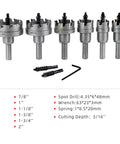 Six Piece Carbide Pro Grade Hole Cutter Set For Wood Metal And Plastic Seven Eighths To Two Inches Diameter Three Sixteenths Inch Cutting Depth High Speed Steel Heat Treated Beefy Tough Durable Hole Saw Kit with accessories displayed