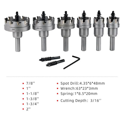 Six Piece Carbide Pro Grade Hole Cutter Set For Wood Metal And Plastic Seven Eighths To Two Inches Diameter Three Sixteenths Inch Cutting Depth High Speed Steel Heat Treated Beefy Tough Durable Hole Saw Kit with accessories displayed