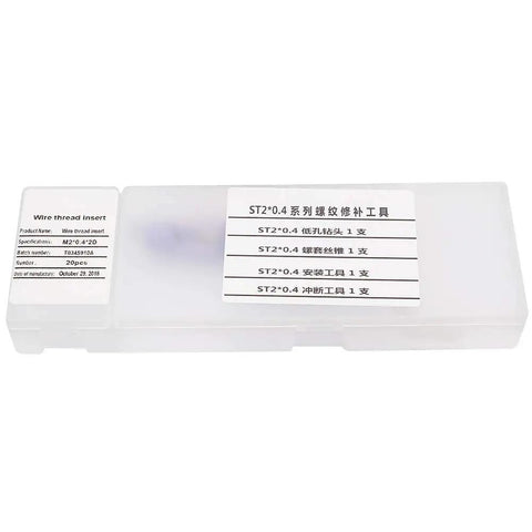 Closed box of M2x0.4 Threaded Insert Repair Kit with Installation Tool Tap Drill Bit and 20 Stainless Steel 304 Inserts visible.