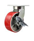 Badass Kingpinless Swivel Caster With 8 Inch Red Polyurethane Wheel On Cast Iron Plate Featuring Bolt On Swivel Lock And Brake.