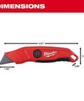 Fastback Press And Flip Utility Knife With Belt Clip And Onboard Wire Stripping Red, dimensions shown, side view.