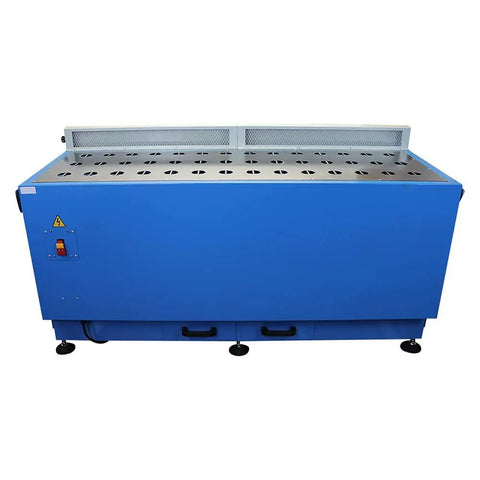 Heavy Duty Metalworking Downdraft Table Featuring Dual Motors And Killer 3700 Cfm Airflow seamless blue table with holes for dust control.
