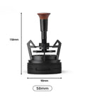 Smooth Operator Espresso Rotary WDT Tool And Coffee Stirrer With Built In Dosing Funnel Stand For Even Powder Distribution and Knockout Barista Shots At 54mm side view with measurements displayed.