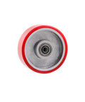 4 Pack 4 Inch Red Polyurethane Swivel Caster Wheels With Brake, Bolt Mount showing a close-up of a single red polyurethane wheel.