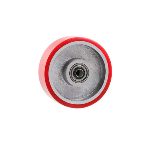 4 Pack 4 Inch Red Polyurethane Swivel Caster Wheels With Brake, Bolt Mount showing a close-up of a single red polyurethane wheel.