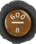 Black control knob with 600 setting, orange center, and white markings.