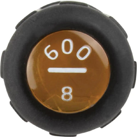 Black control knob with 600 setting, orange center, and white markings.