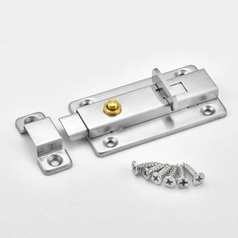 Stainless Steel Automatic Spring Safety Lock Door Latch for Bathroom, silver latch with screws, sturdy and easy to install.