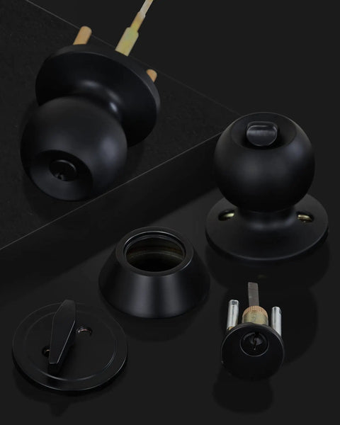 Locking Satin Nickel Door Knob Set With Keyed Entry Easy Install Hardware Handle components displayed on black background