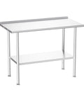 All Stainless Steel Prep Table 24 By 48 Inch With Rounded Corner Backsplash Adjustable Undershelf Heavy Duty Built To Last And Corrosion Resistant For Outdoor Kitchens Restaurants Hotels Workshops Garages And Gardens, shown with backsplash and undershelf, side view.