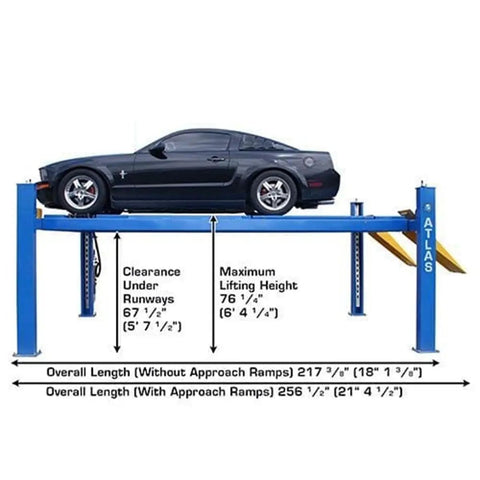 Commercial 4 Post Vehicle Alignment Lift With Heavy Duty Rotating Platforms And Secure Grip Flooring Designed For Daily Shop Use Delivers Rock Solid 14000 Lb Capacity Plus Generous Overhead Clearances And Hassle Free Controls showing a black vehicle in lifted position.